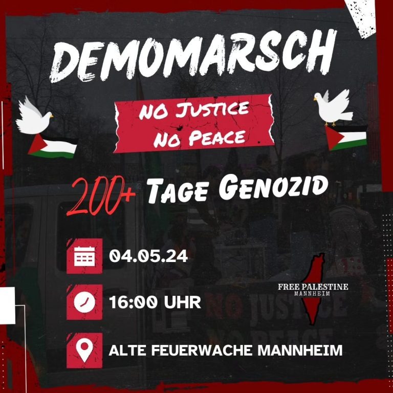 DEMOMARSCH - NO JUSTICE NO PEACE - 200+ Tage Genozid | Ortswechsel beachten - jetzt Abendakademie!