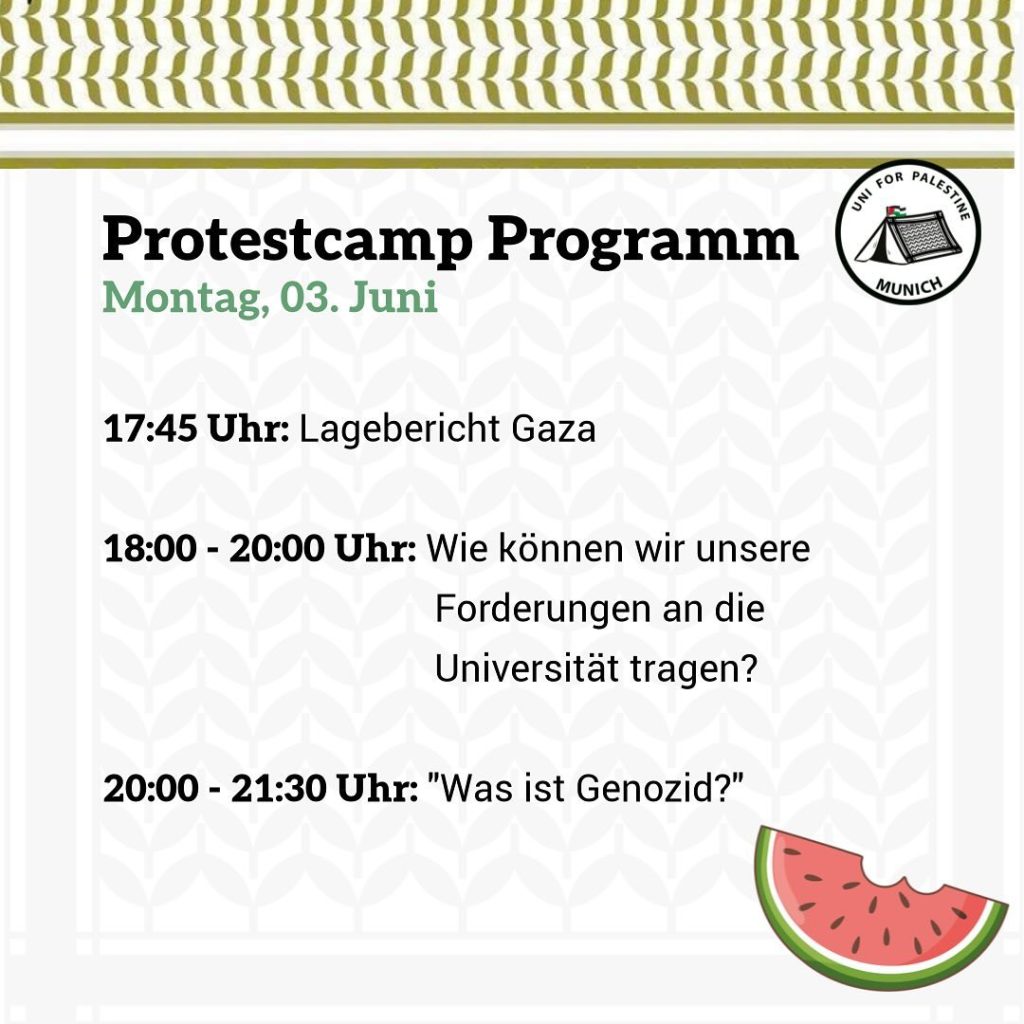 Protestcamp Programm Uni for Palestine Munich