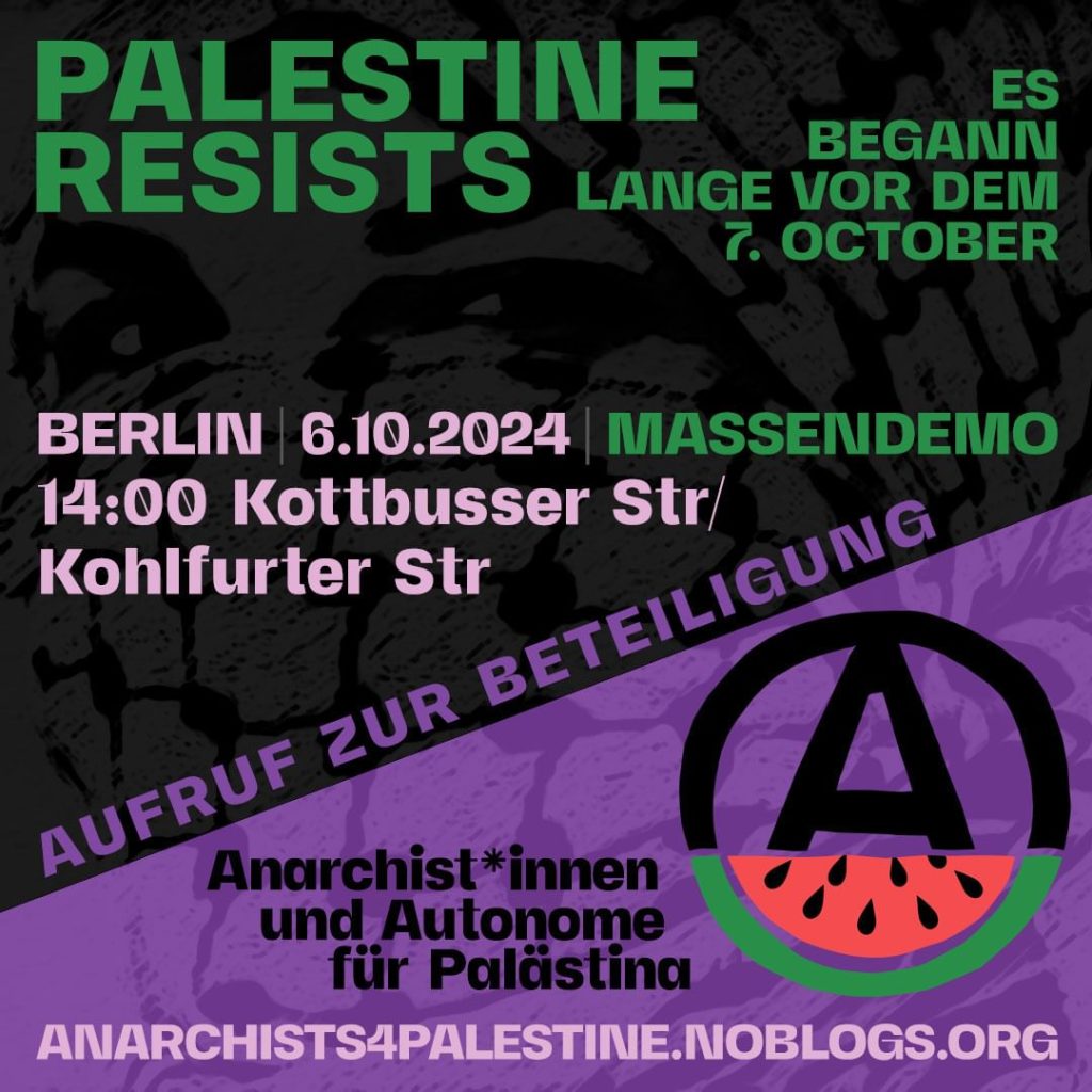 Aufruf zur Beteiligung in der Demo „Palästina leistet Widerstand – Es begann lange vor dem 7.Oktober“