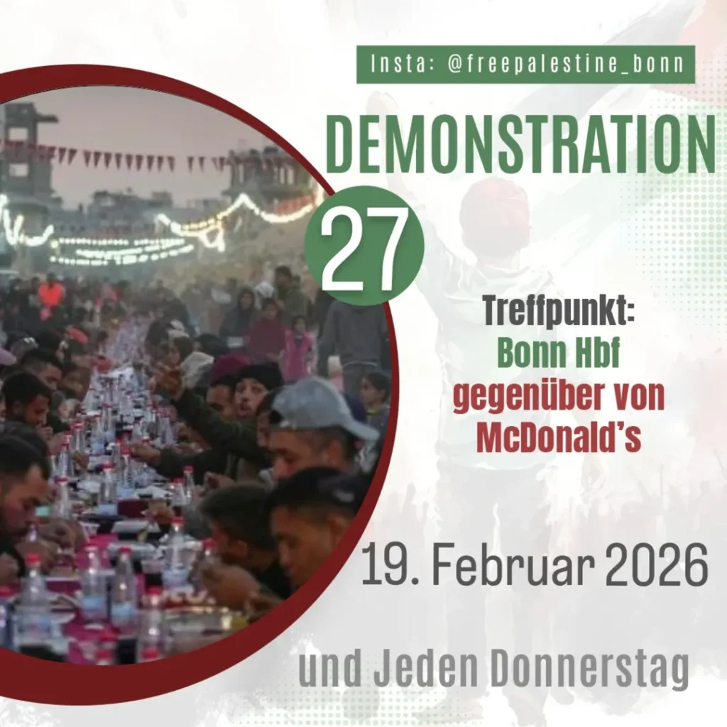🚨Demo: Jeden Donnerstag um 18 Uhr, Bonn Hbf 🚨Bringt gerne Kufiyas, Flaggen, Töpfe, Löffel, Laternen mit ✊🏼