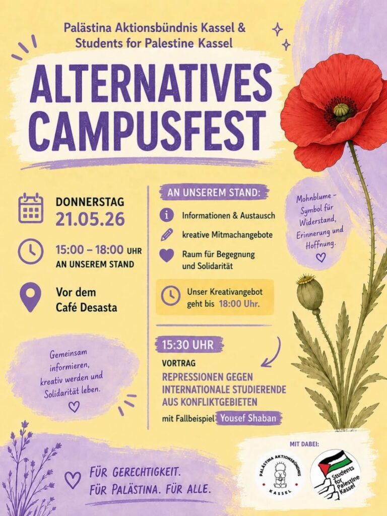 ALTERNATIVES CAMPUSFEST - Students for Palestine Kassel und Palästina Aktionsbündnis Kassel sind dabei