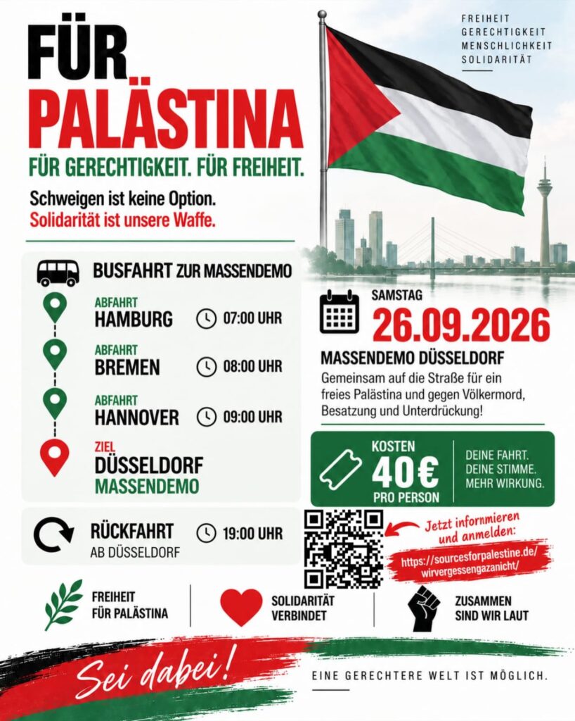 🇵🇸 GEMEINSAM ZUR MASSENDEMO NACH DÜSSELDORF! 🚌 ab Hamburg mit Halt in Bremen und Hannover
